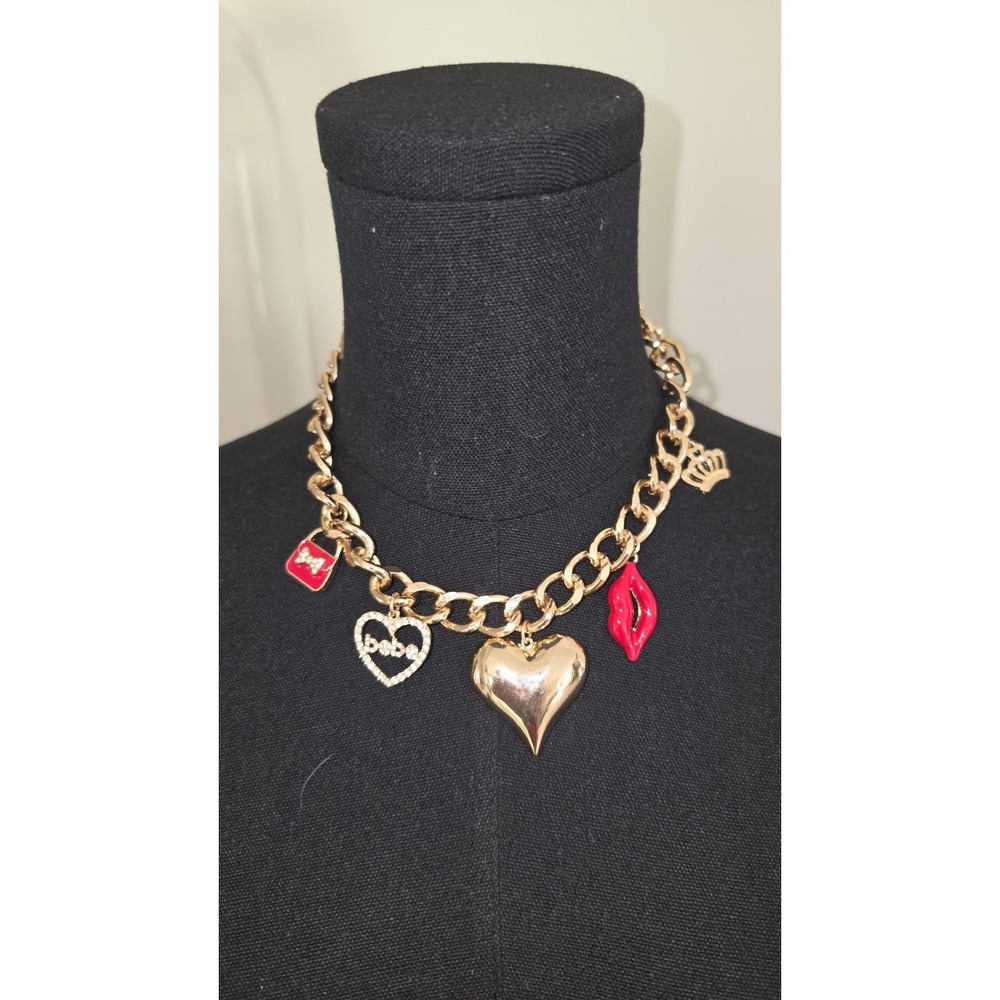 Bebe Gold Chunky Link Charm Necklace Puffy Heart Lips Crown Y2K McBling